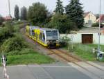 Burgenlandbahn 672 901 + 672 xxx als RB 34877 von Wangen nach Naumburg Ost, am 05.10.2014 bei der Einfahrt in Laucha. Kurios ist, dass im Zugzielanzeiger Wangen steht. (Foto: Dieter Thomas)